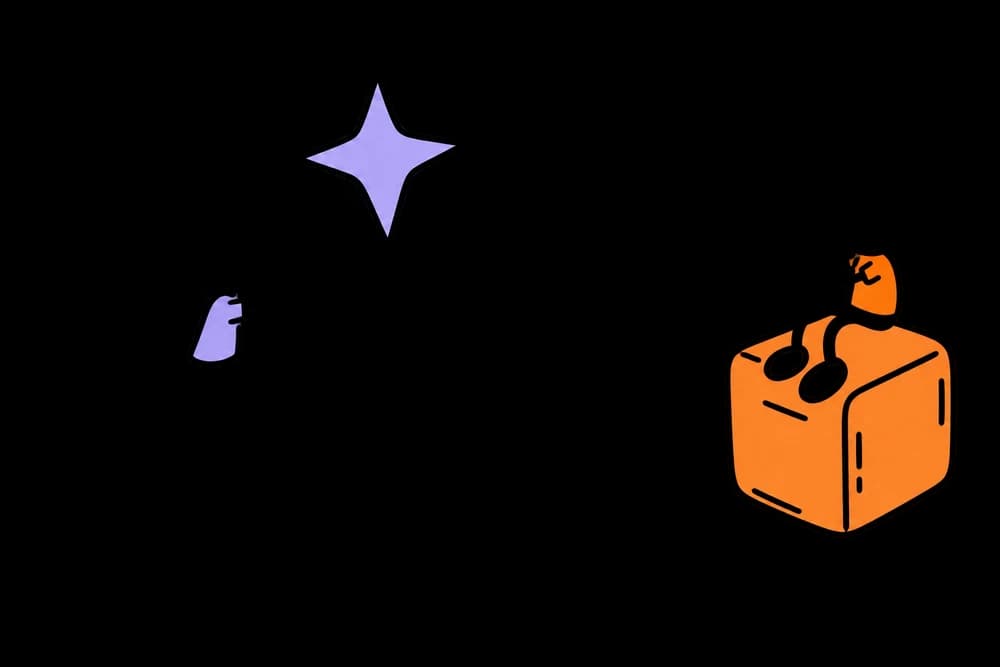 Two hand-drawn inventors connecting a star and a cube