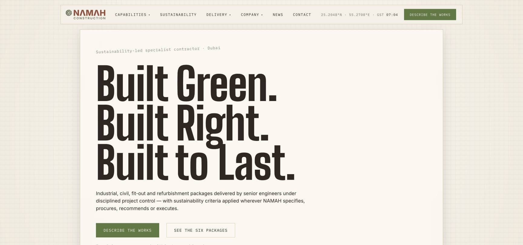 NAMAH Construction public website, captured September 2026