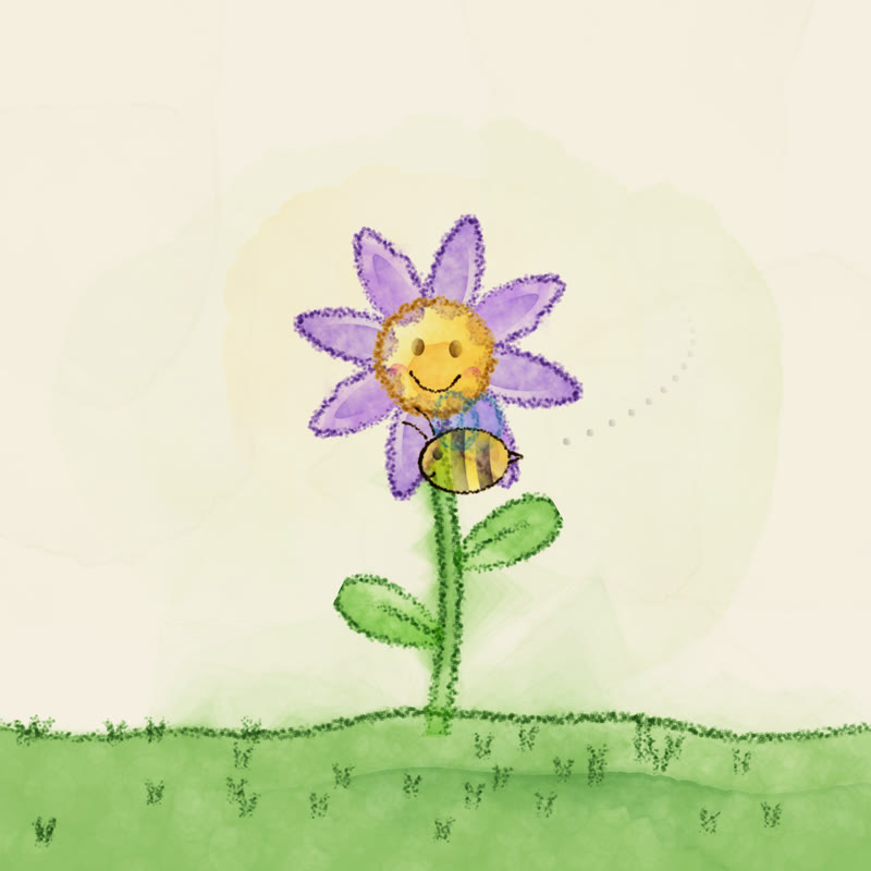 A purple watercolour flower with a smiling yellow centre on a green stem, a striped bee beside it, on a grassy watercolour hill