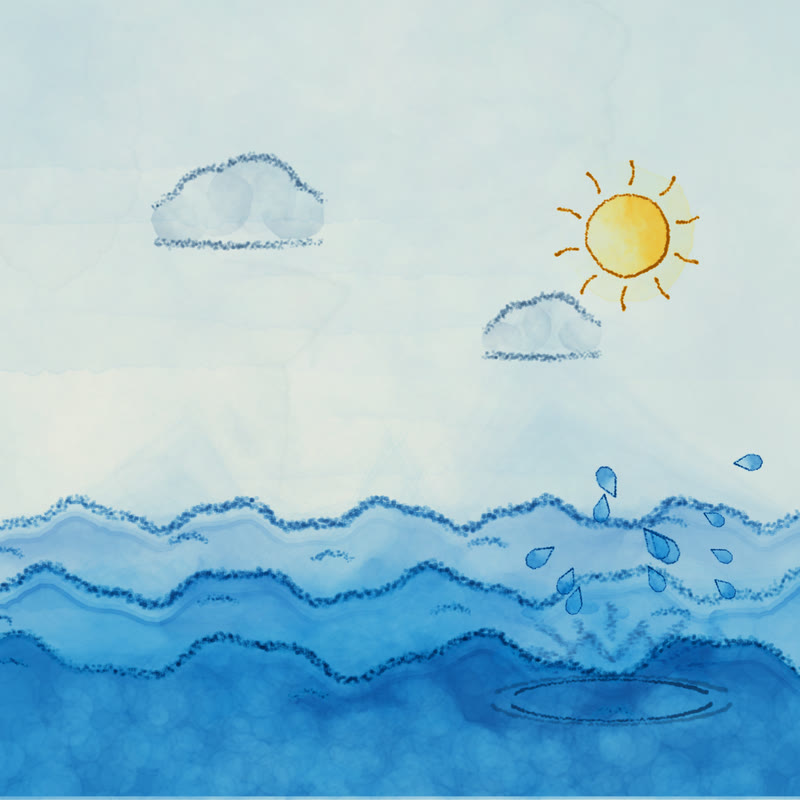 Hand-drawn blue watercolour waves with pencil-edged crests, two clouds and a yellow sun, with splash droplets and a ripple where a fish has just dived back in