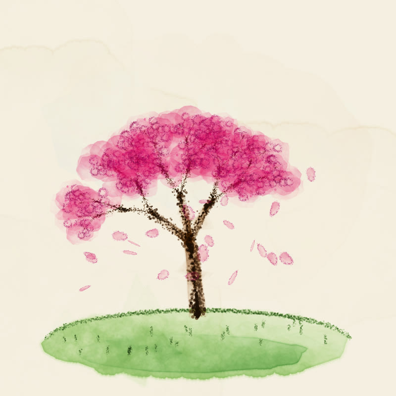 A hand-drawn tree with a charcoal trunk and a pink watercolour blossom canopy, petals falling onto a green grassy mound