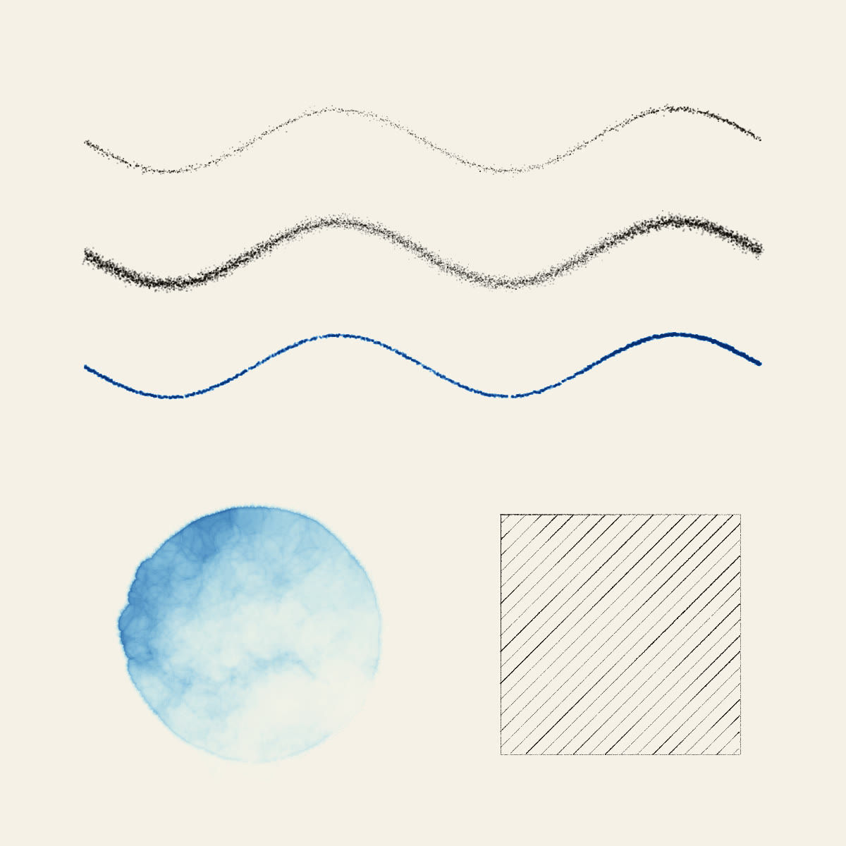 The quick-start result: three wavy lines in HB, charcoal and blue pen, a blue watercolour blot and a square hatched at 45 degrees