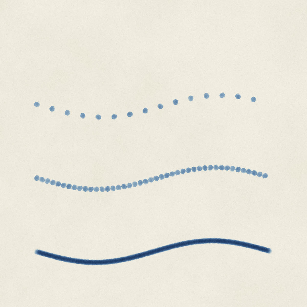 Three strokes made from the same round tip stamped with wide, medium and tight spacing, from separate dabs to one continuous line